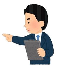 左側を向いて何かを指さしている、書類を持ったスーツの男性