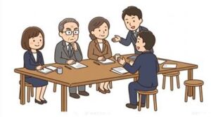 テーブルを囲んで議論している、５人のスーツの大人